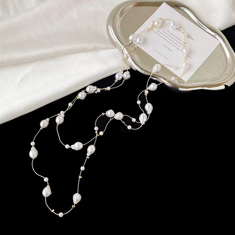 French Pearl Layered Sweater Chain: Women's High-End Starry Necklace for Chic Style