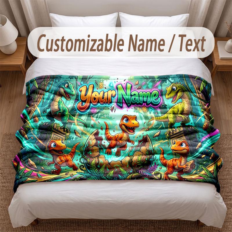 Dinosaur Theme Soft Blanket Personalized Custom Name Text Print Warm Blanket Home Sofa Bedroom Decor