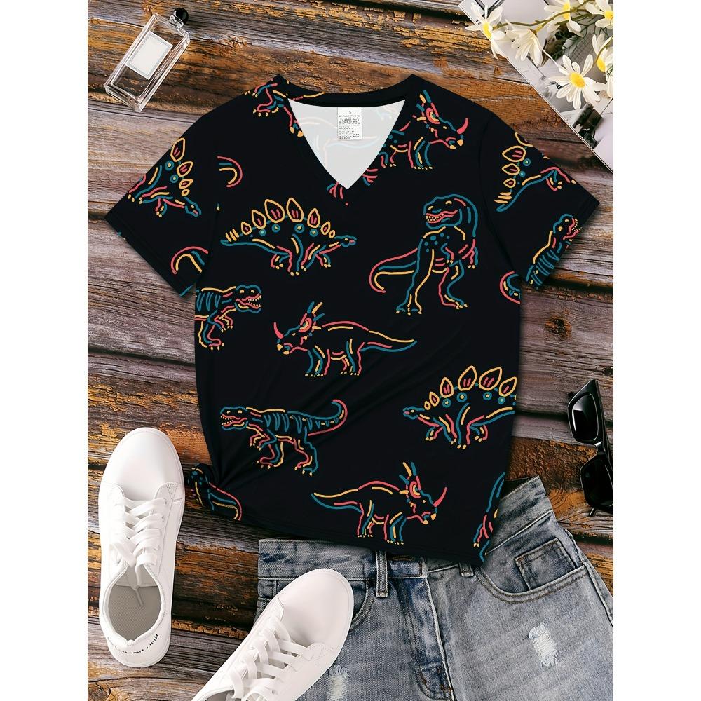 Novel Colorful Striped Animal Dinosaur Pattern, Fully Printed Breathable V-neck Short-sleeve T-shirt