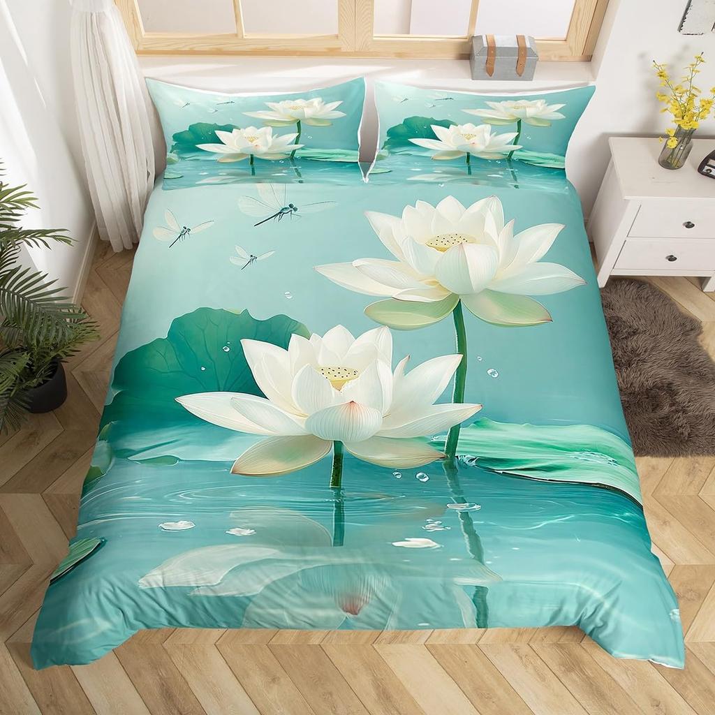 Lotus Duvet Cover, Water Lily Bedding Set, Lotus Leaf Quilt Cover, Summer Theme Print Comforter Cover For Girl Women Twin King
