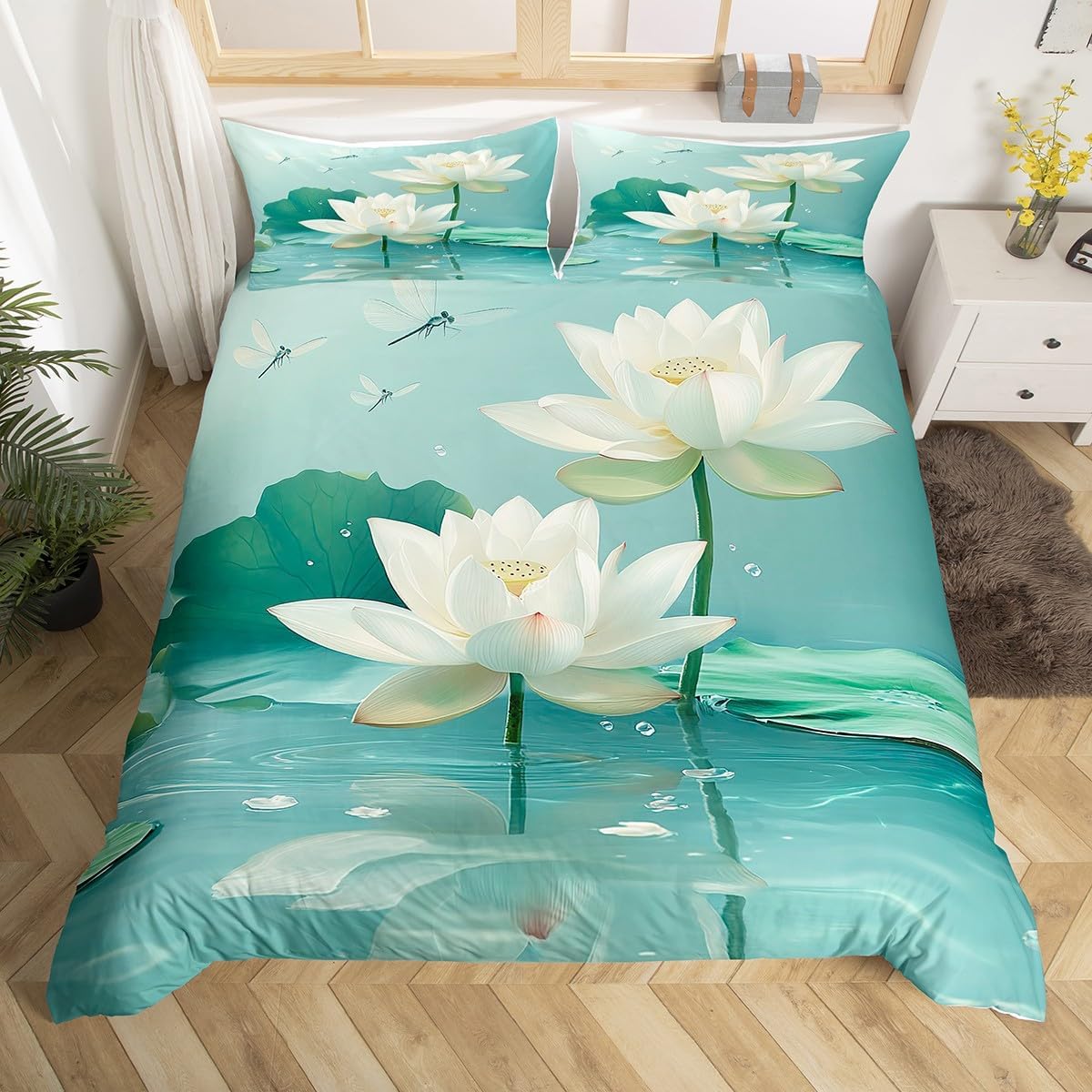 

Lotus Duvet Cover, Water Lily Bedding Set, Lotus Leaf Quilt Cover, Summer Theme Print Comforter Cover for Girl Women Twin King EU SK(260x220cm)
