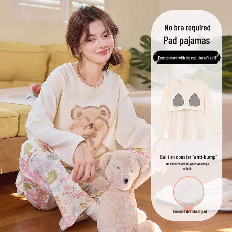 Ensemble de Pyjama Coréen pour Femme avec Coussinet de Poitrine - Manches Longues, Vêtement d'Intérieur Mignon pour le Printemps et l'Automne (2025)