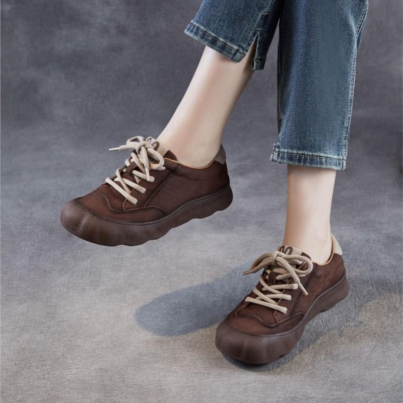 Johnature Retro Genuine Leather Soft Soled Women's Shoes Versatile Lace Up Flat Casual Shoes