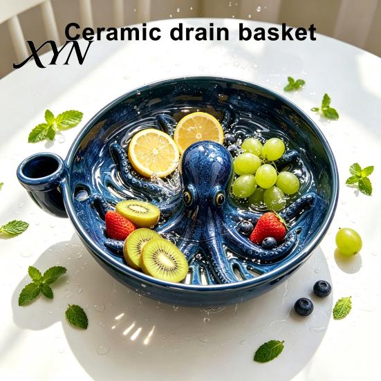 Dekorativer Obstaufbewahrungskorb Oktopus-förmige Beeren-Waschschale mit Abflusslöchern, Retro-Stil Keramik-Sieb, Gemüse für Beeren