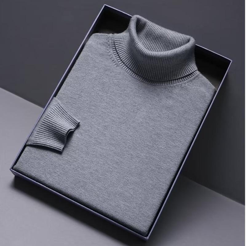Men's Slim Fit High Neck Solid Color Knit Pullover - Korean Style Winter Base Layer Sweater