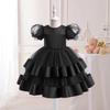 Vestido Formal de Princesa para Criança Grande Estilo Europeu e Americano com Mangas Bufantes de Tule e Patchwork de Cetim Bordado à Mão