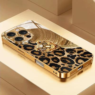 Coque de téléphone en verre avec impression léopard et lion, peinture métallique dorée, pour iPhone 17 Pro Max 16 15 14 13 12 11 Pro 15 14 Plus 17 Air 16E
