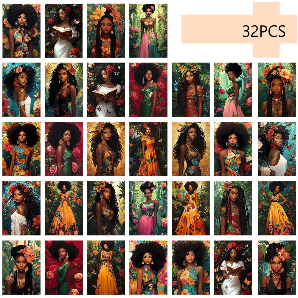 

32pcs, Black Women Portrait Postcards, Feminine Charm, Birthday/Anniversary Gifts, Collectibles, Suitable for Gifting, Mailable.