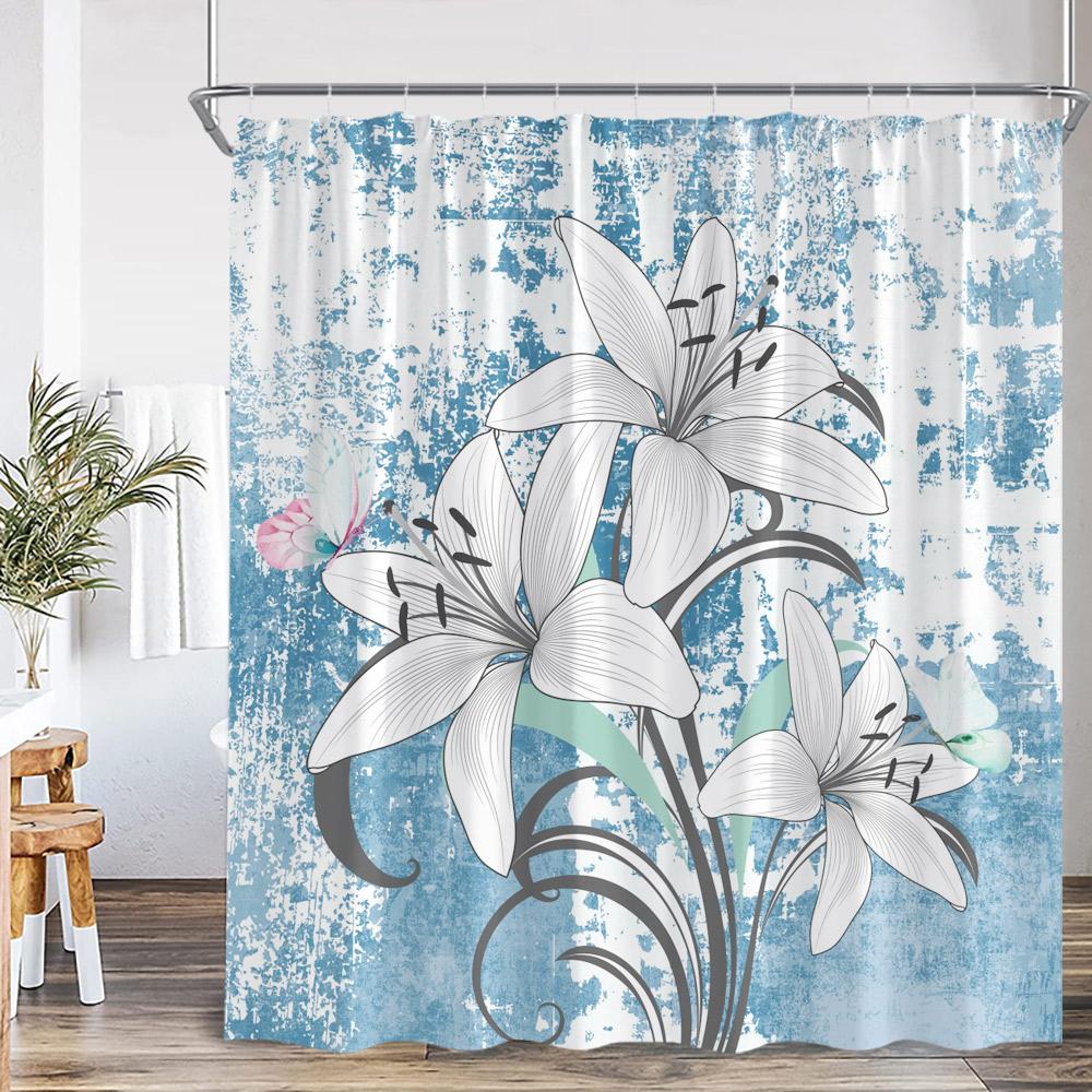 Lily Flower Vintage Shower Curtain White Lilies Floral Colorful Background Nature Plant Bath Decor Art Polyester Bathtub Curtain