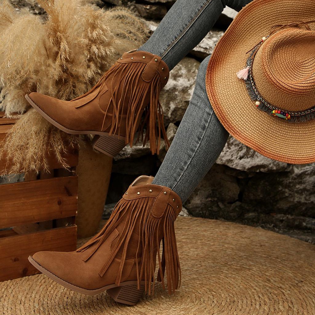New Style Luxury Women's Tassel Suede Slip On Western Cowboy Boot Women Autumn Sexy Pointed Toe Medium Heel Riding Boots