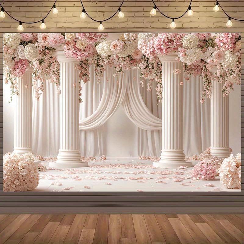 1pc floral elegant wedding background, romantic pink roses and elegant white columns, polyester wedding decorations