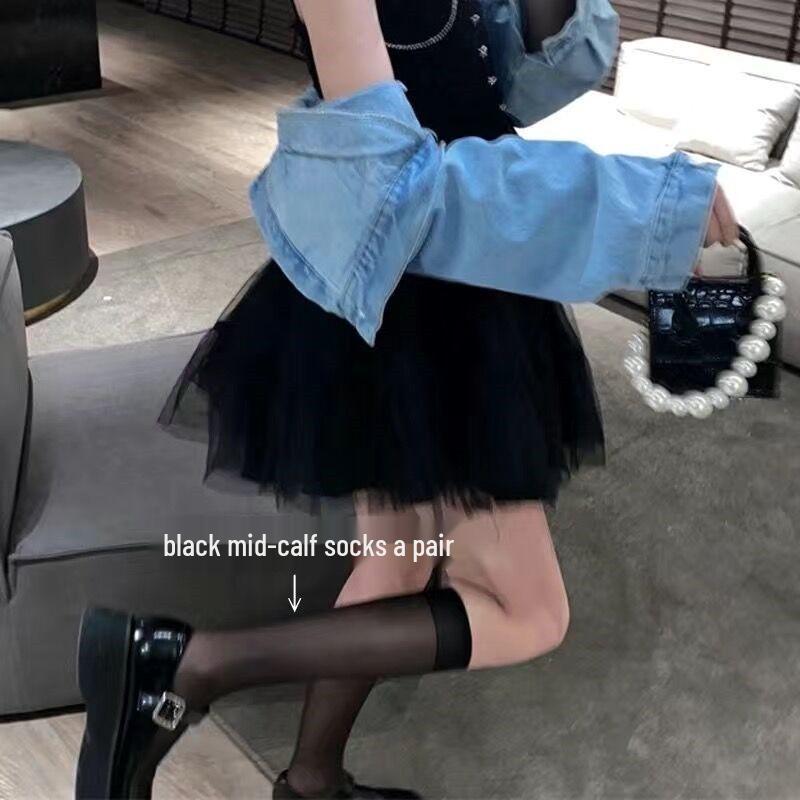 Calze sexy lucide sopra il ginocchio, alte fino alla coscia, con bordo in pizzo - Seta nera, Primavera & Autunno