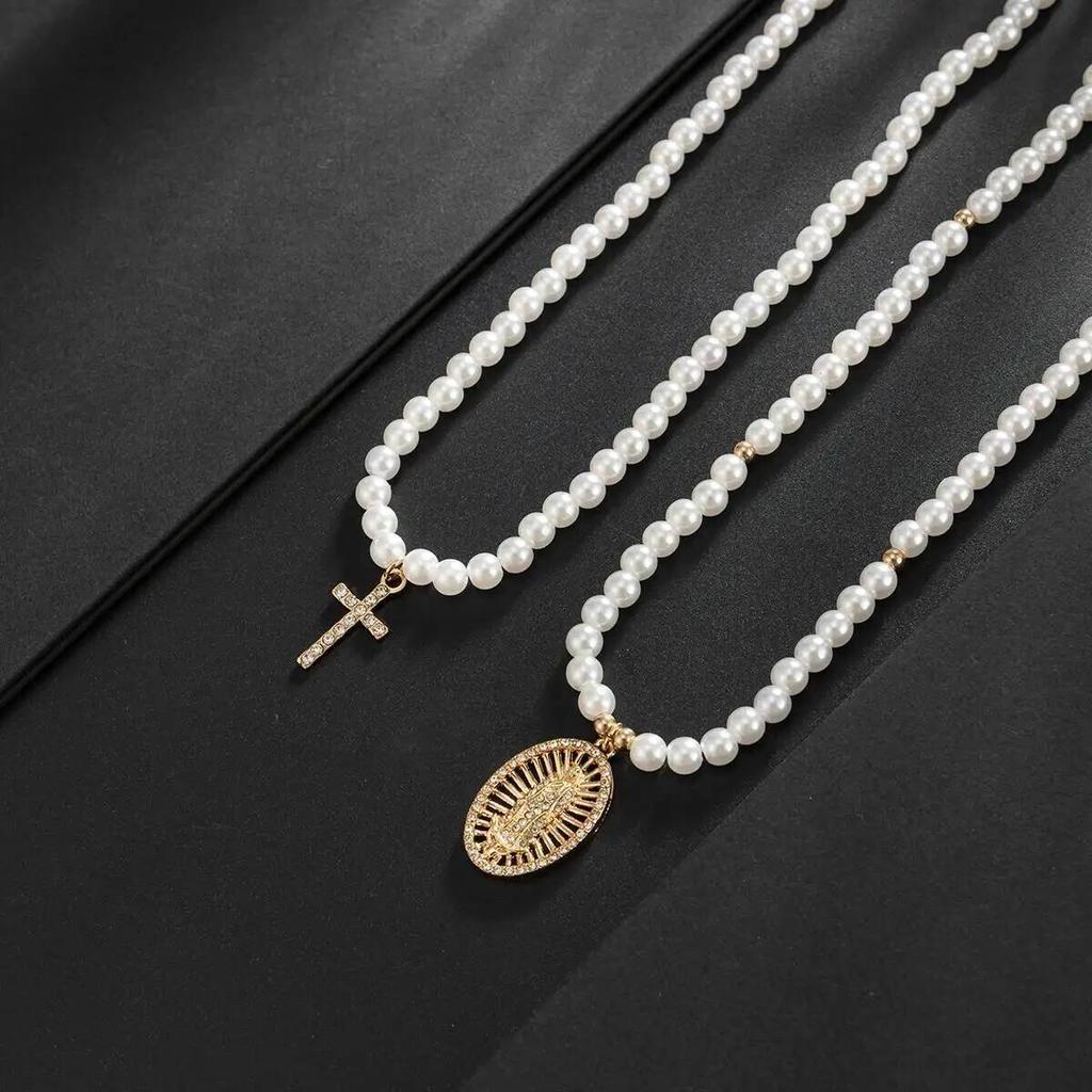 SHIXIN 2 Pcs/Set Hip Hop Jesus Cross Pendants Necklace Men Trendy Charm Imitation Pearls Chain Adjustable Chokers Street Jewelry