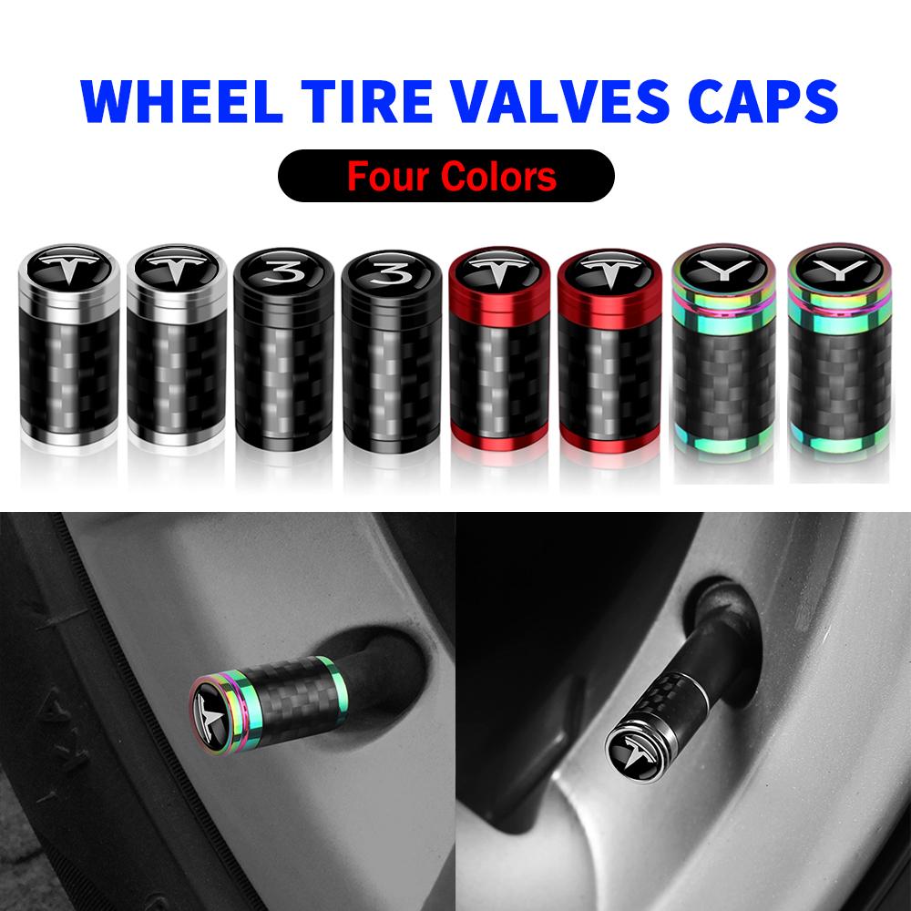 1Set Aluminum Carbon Fiber Styling Anti-theft Auto Tire Valve Caps Wheel Tires Stem Airtight Covers For Tesla Model 3 Y X Z LOGO