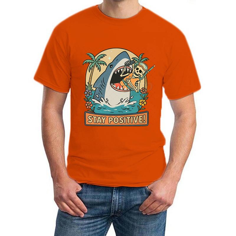 Stay Positive Shark Skeleton Funny T Shirts for Men New Design Fashion Summer Tops Positive Vibes Funny Skeleton T-shirt Women