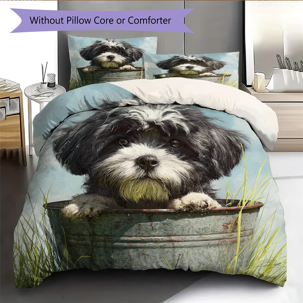 Shih Tzu and grass Pattern Bedding Home Decoration Birthday Gift (1 * duvet cover + 2 * pillowcase, without core)