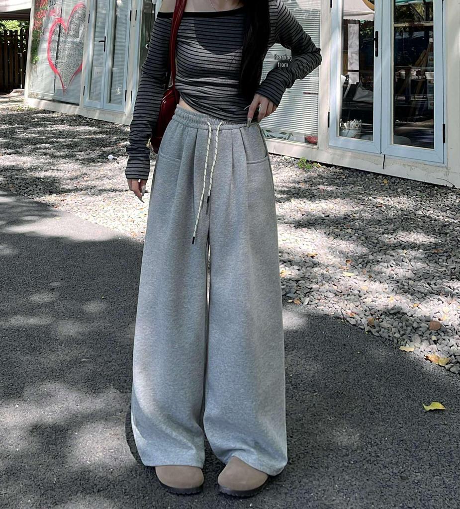 2025 Spring Women's High Waist Loose Wide-Leg Cotton Pants with Drawstring