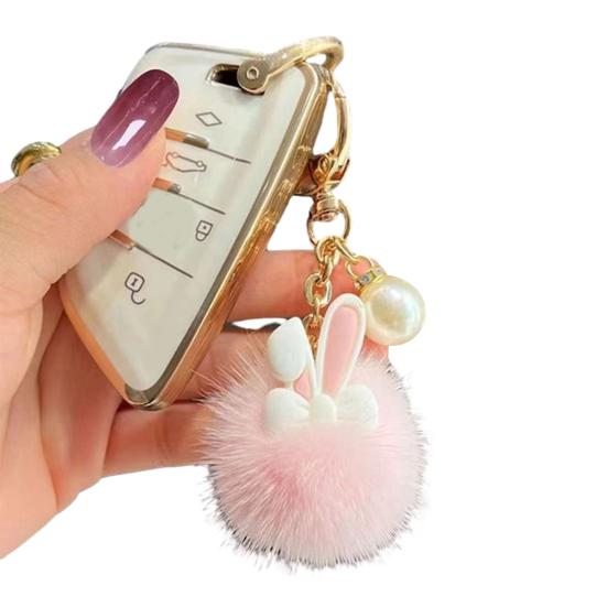 Keychain Rabbit Ear Soft Plush Ball Charm Key Chain Car Keys Bags Backpacks Kids Travel Accessories Stress Relief Gift