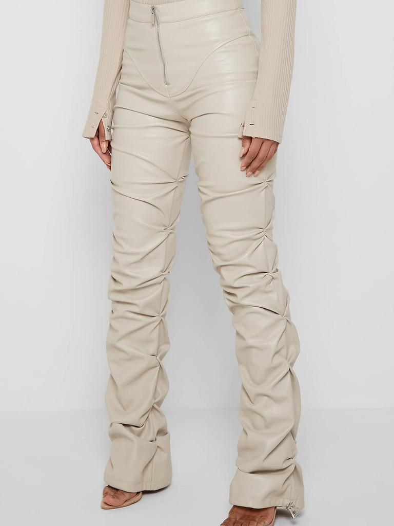 Damen Mode Schlank Geschnittene PU-Leder Lange Hosen, Persönlichkeit Faltbare Micro-Saum Hosen für Damen, Neue Saison