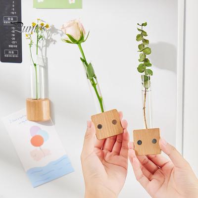 Hydroponic Plants Test Tube Vase Window Refrigerator Magnet Wooden Base Plants Propagation Vase Planter Home Office Kitchen Fridge Decoration