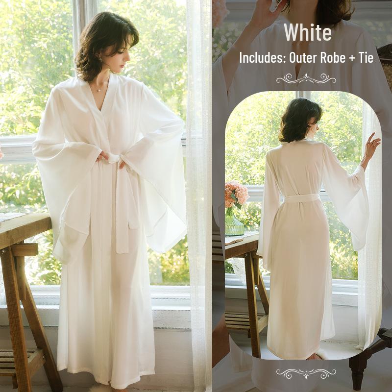 Sweet Satin Open-Front Robe: Deep V, Light Luxury, Tie-Waist, Wide Sleeves Homewear.