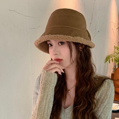 Hut Damen Schleife Imitat Lammwolle Bucket Hat Herbst und Winter verdickt Plüsch warm lässig vielseitig Beckenhut Tide