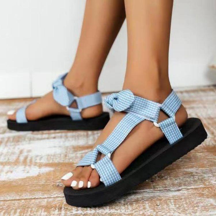 2025 Summer Large Size Beach Shoes Female Velcro Bow Round Head Flat Bottom Leopard Print Sandals Female Elegant Generous Shoes
