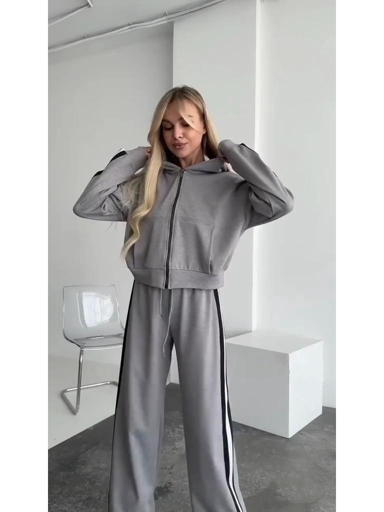 2024 Autumn/Winter Striped Patchwork Hooded Top & Zip-Up Sweatpants Set