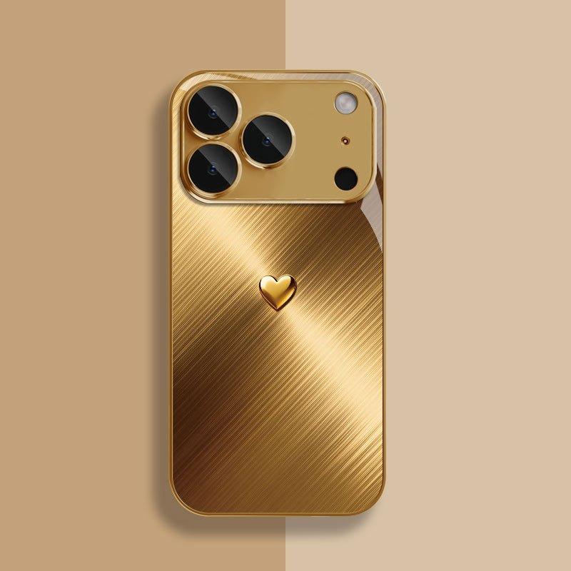Golden Love Heart Pattern Gold Metallic Paint Glass Phone Case For iPhone 17 Pro Max 11 12 13 14 15 16 Plus 17Air 16E Cover