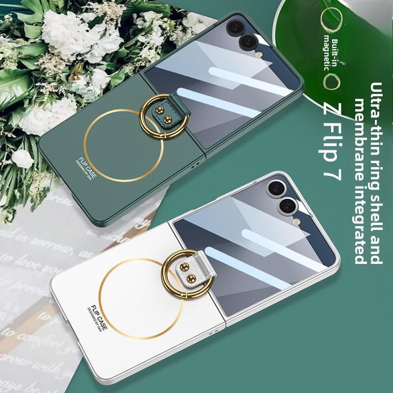 Magnetic for Samsung Z Flip 7 with Ring Stand and Tempered Protective Film Ultrathin Phone Case Cover for Samsung Galaxy ZFlip 7