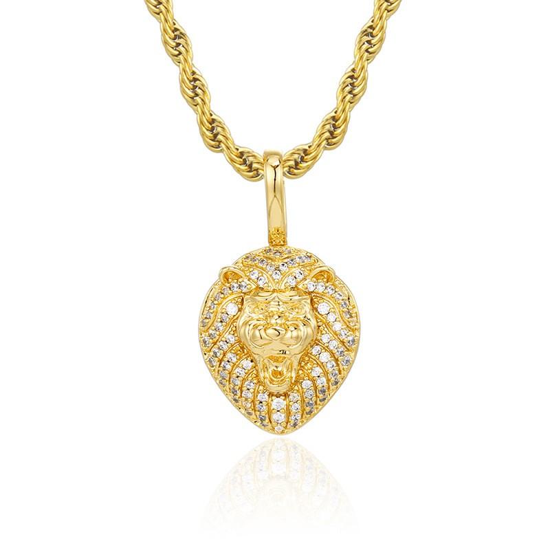 Solid Lion Head Pendant Necklace With Zircon Stones Hip Hop Unisex Jewelry Gold White