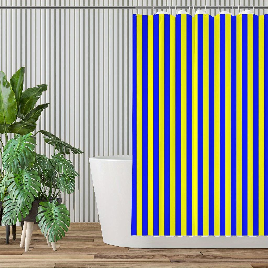 Vertical Stripe Shower Curtain Bold Blue & Yellow Pattern, Modern Geometric Design, Polyester, Includes Hooks, 70.8×70.8 Inches