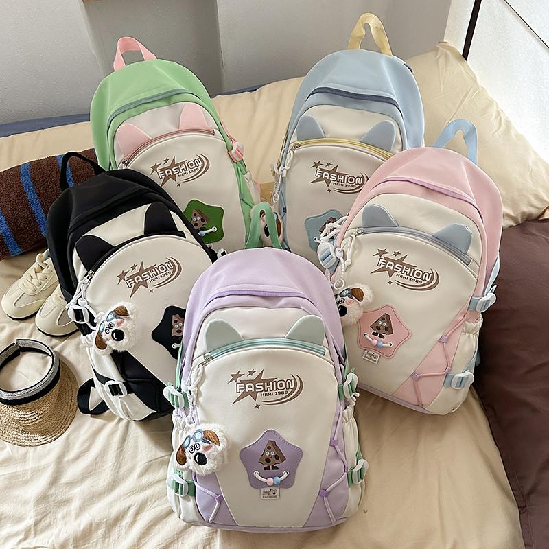 Contrast Color Backpack Women's College Style Lightweight Backpack Cartoon Student Schoolbag