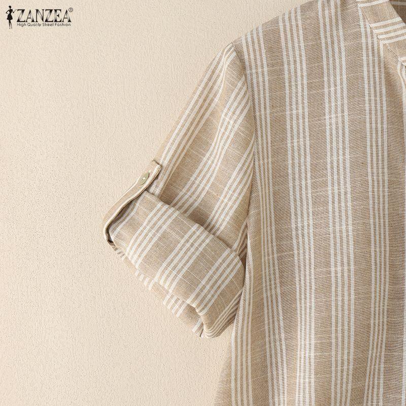 ZANZEA Women Casual V-Neck Summer Short Sleeve Stripe Blouse
