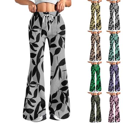 Calças Esportivas Casuais Femininas de Moda Soltas com Cordão na Cintura Estampa Floral Calças Flare Casuais