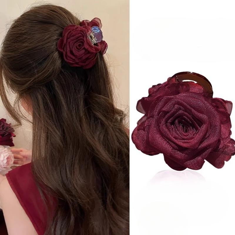 Fabric Rose Flower Hair Claw Clip for Women Girl Hair Grab Clip Barrette Plastic Ponytail Clamp Summer Headwear Hair Accessories