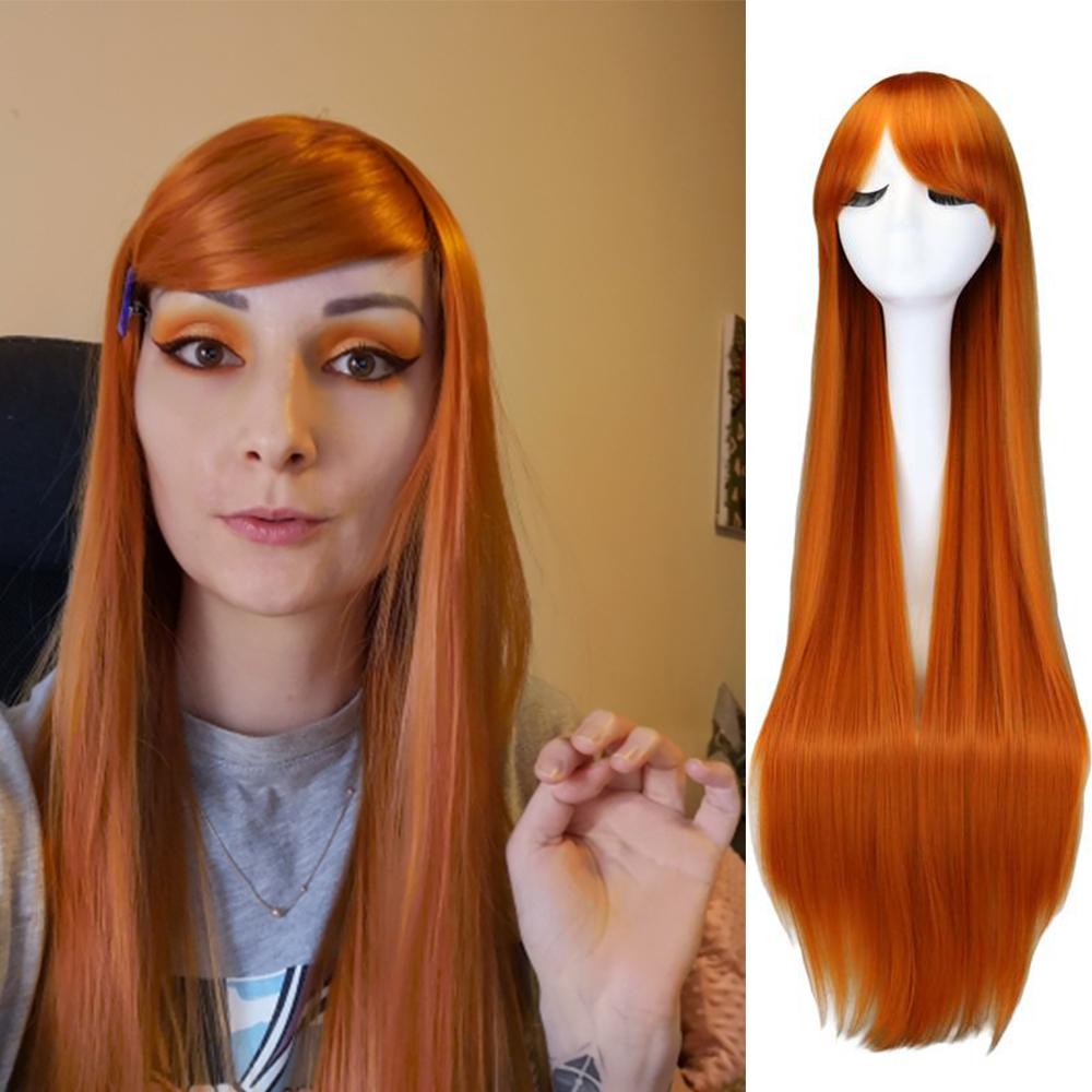 Professionelle lange gerade Cosplay Perücke Schwarz Lila Schwarz Rot Rosa Blau Dunkelbraun 100 cm Kunsthaarperücken