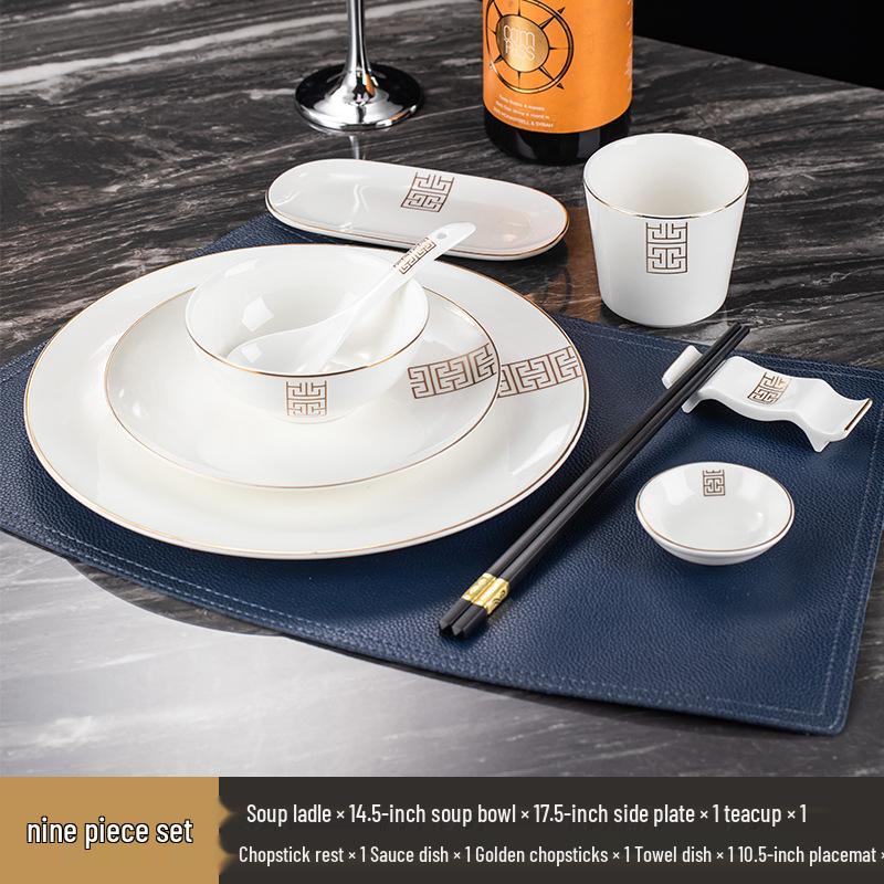 Luxury Wear-Resistant Gold Rim Bone China Dinnerware Set for Hotels and Restaurants - Includes Bowls, Plates, Spoons, Cups, and Chopsticks