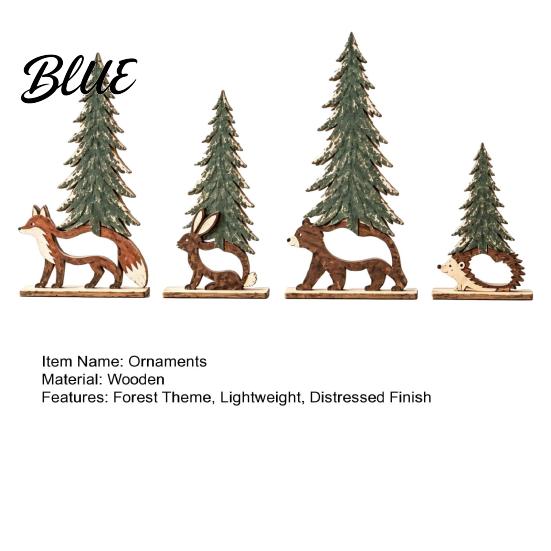 Lightweight Wood Holiday Ornaments 4Pcs Christmas Forest Friends Wooden Tabletop Decor Vintage Animal & Pine Natural Grain Statues Tree Figurine