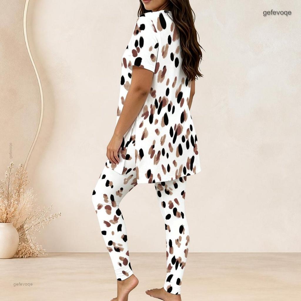 Women Plus Size Striped Printed Round Neck Short Sleeve Two Piece Set Long Top And Fitted Pants