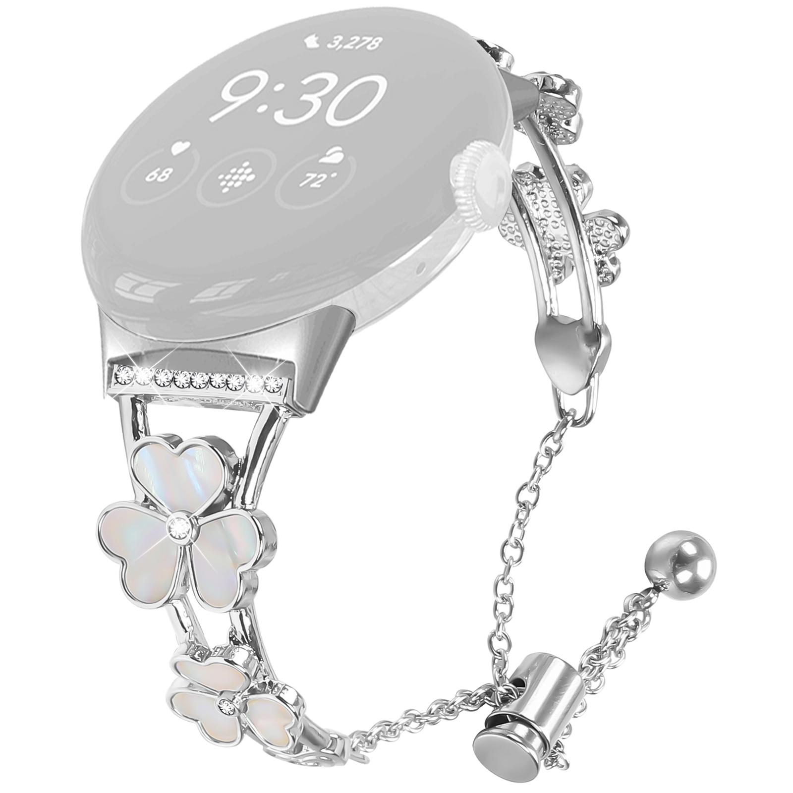 

For Google Pixel Watch/Watch 2 Watchband Heart Clover Decor Silver Zinc Alloy Metal Strap A