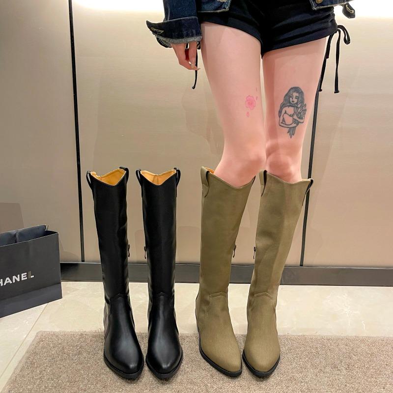 Fashion Black Knee High Western Cowboy Boots Women  Autumn Trendy Pleated Slip On Booties Botas Ladies Pointed Toe Shoes