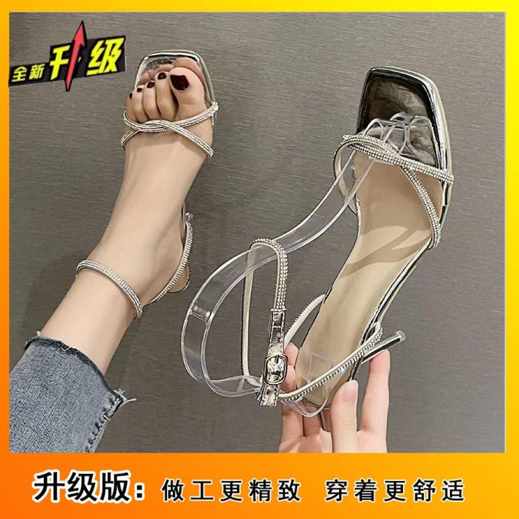 

Summer fairy rhinestone open-toed stiletto one-button sandals female versatile square head French silver high heels ins 40