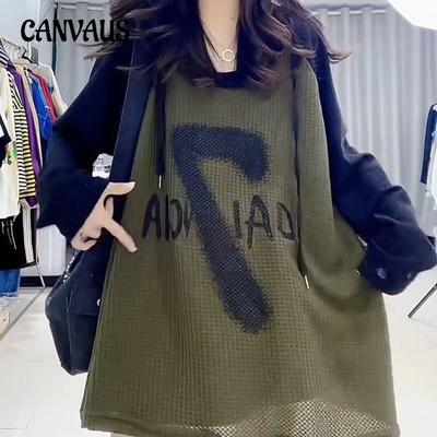 Autumn Plus Size Women's Printed Letter Patchwork Clashing Long Sleeve Top