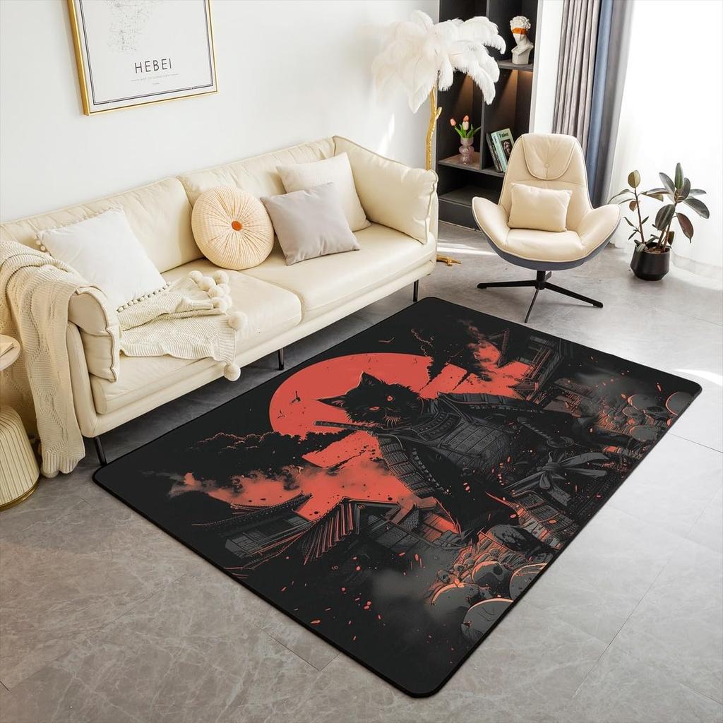 Japanese Samurai Cat Print Area Rug, Red Sun & Ancient City Design Non-Slip Floor Mat for Living Room Bedroom Home Decor Carpet