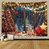 Winter-Weihnachtsteppich - Rustikales Holzfenster Weihnachtsbaum für Schlafzimmer, Nacht Wald Schnee Szene Außerhalb des Fensters Wand H