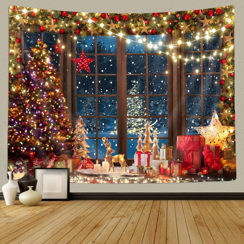 Winter-Weihnachtsteppich - Rustikales Holzfenster Weihnachtsbaum für Schlafzimmer, Nacht Wald Schnee Szene Außerhalb des Fensters Wand H