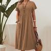 Summer Pockets Casual Dress New Plus Size Solid Color Round Neck Short Sleeve Fashion Party Dress A-line Pleated Loose Slim Elegant Dresses Clothing