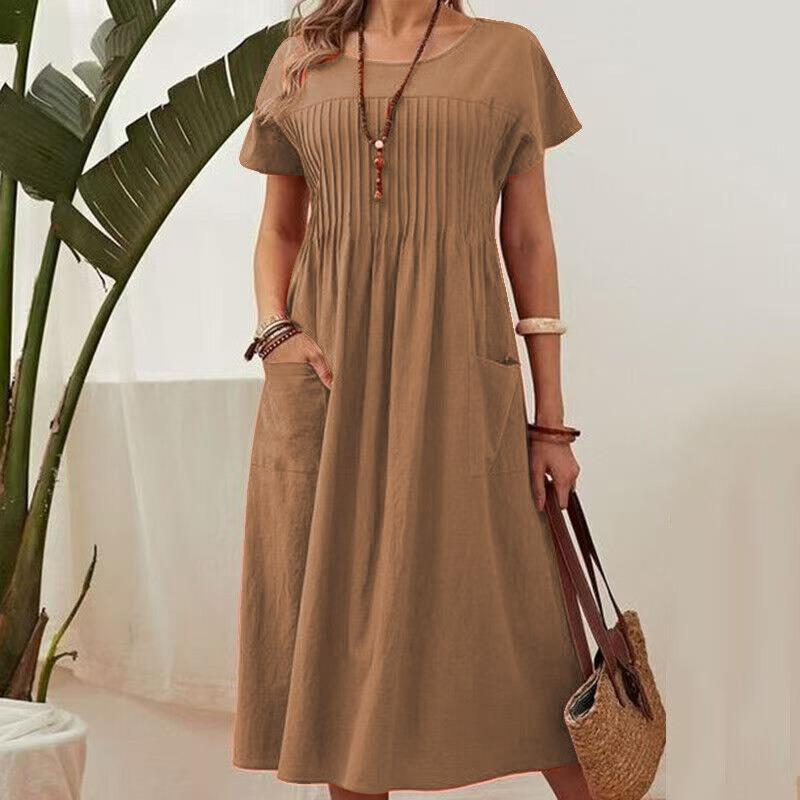 Summer Pockets Casual Dress New Plus Size Solid Color Round Neck Short Sleeve Fashion Party Dress A-line Pleated Loose Slim Elegant Dresses Clothing