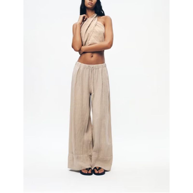Spring New Arrival Casual Two-Piece Suit Hanging Collar Linen Tops 4043249 Linen Wide Leg Pants 4043243